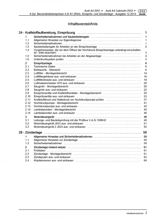 Audi A4 8E 2000-2008 Benzin Einspritz- Zündanlage 420 PS Reparaturanleitung PDF