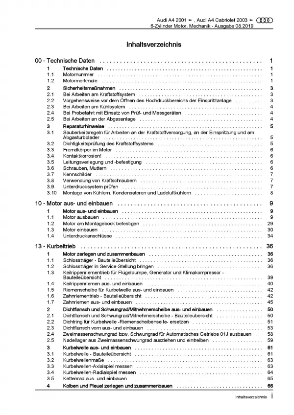 Audi A4 8E (00-08) 6-Zyl. Benzinmotor Mechanik 163-170 PS Reparaturanleitung PDF