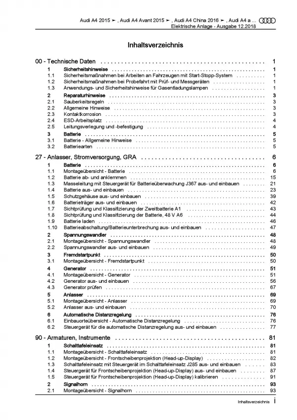 Audi A4 8W ab 2015 Elektrische Anlage Elektrik Systeme Reparaturanleitung PDF