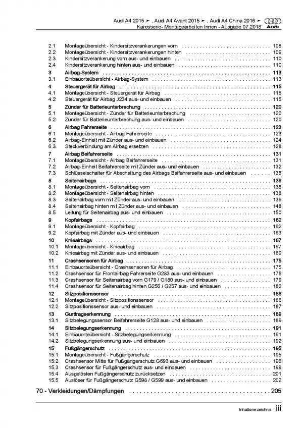 Audi A4 Typ 8W ab 2015 Karosserie Montagearbeiten Innen Reparaturanleitung PDF