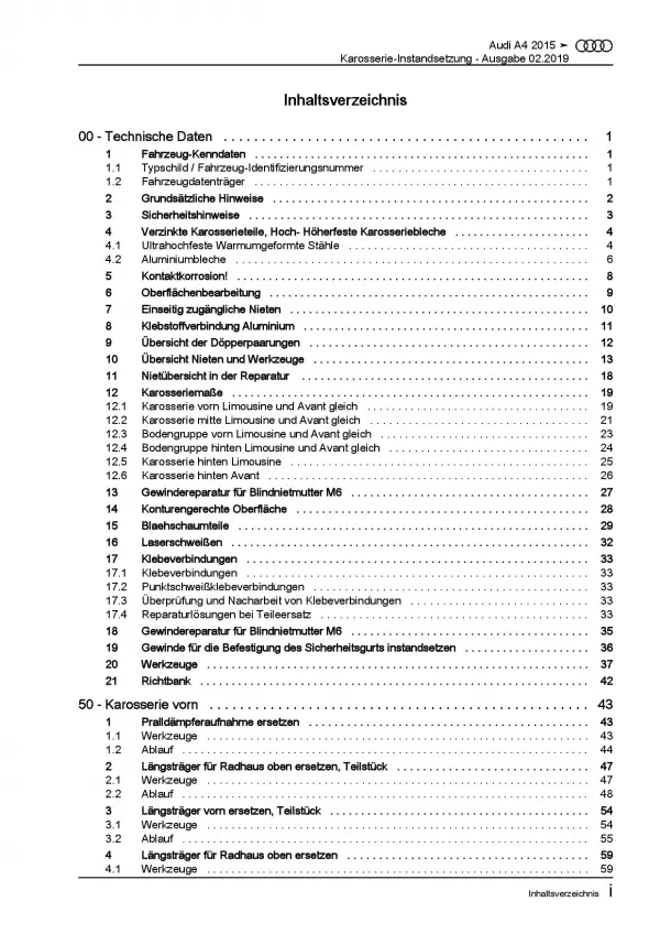 Audi A4 Typ 8W ab 2015 Karosserie Unfall Instandsetzung Reparaturanleitung PDF