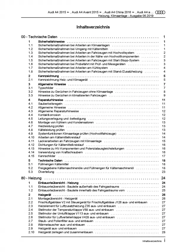 Audi A4 Typ 8W ab 2015 Heizung Belüftung Klimaanlage Reparaturanleitung PDF