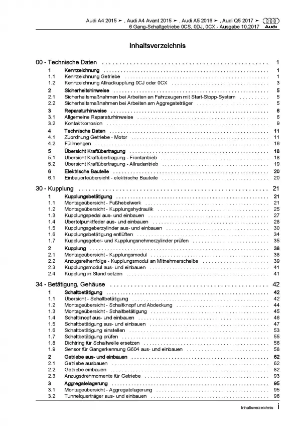 Audi A4 8W ab 2015 6 Gang Schaltgetriebe 0CS 0DJ 0CX Kupplung Reparaturanleitung
