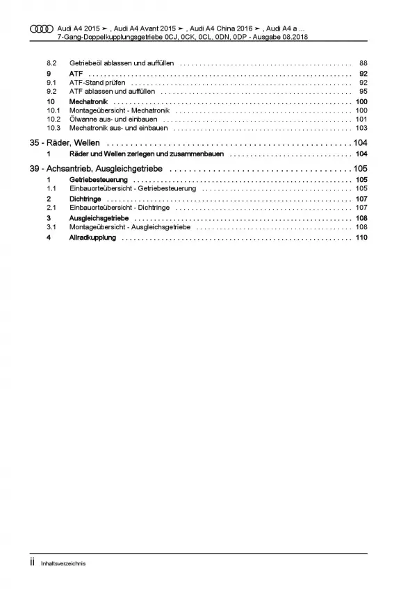 Audi A4 Typ 8W ab 2015 7 Gang Automatikgetriebe DSG DKG Reparaturanleitung PDF