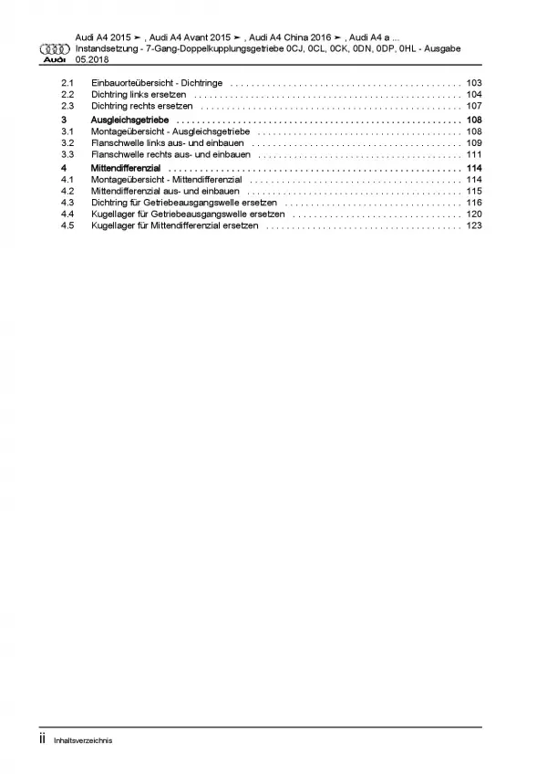 Audi A4 8W (15>) Instandsetzung 7 Gang Automatikgetriebe Reparaturanleitung PDF