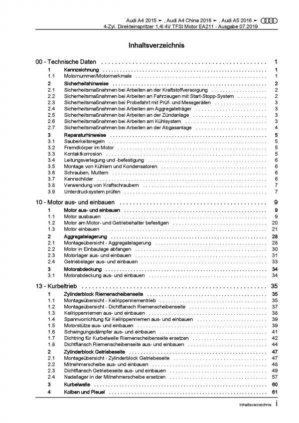 Audi A4 Typ 8W 2015 4-Zyl. 1,4l 150 PS Benzinmotor Reparaturanleitung PDF