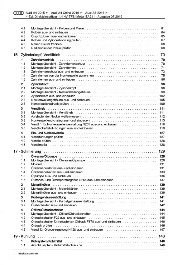 Audi A4 Typ 8W 2015 4-Zyl. 1,4l 150 PS Benzinmotor Reparaturanleitung PDF