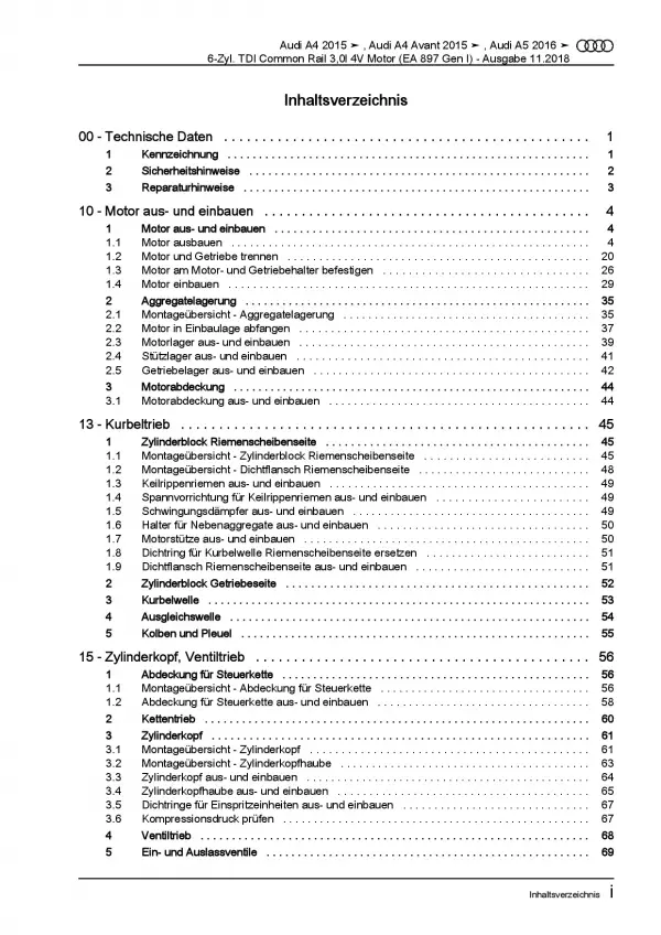 Audi A4 Typ 8W ab 2015 6-Zyl. 3,0l Dieselmotor TDI 4V Reparaturanleitung PDF