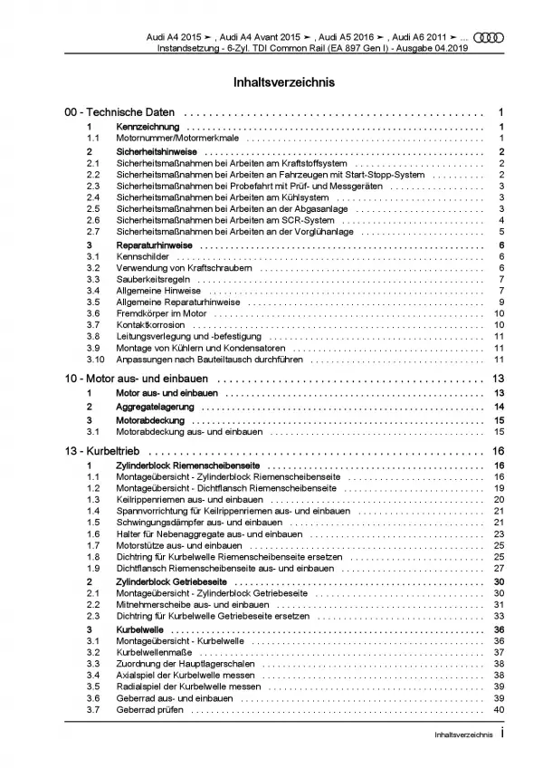 Audi A4 8W (15>) Instandsetzung Dieselmotor 6-Zyl. 3,0l Reparaturanleitung PDF