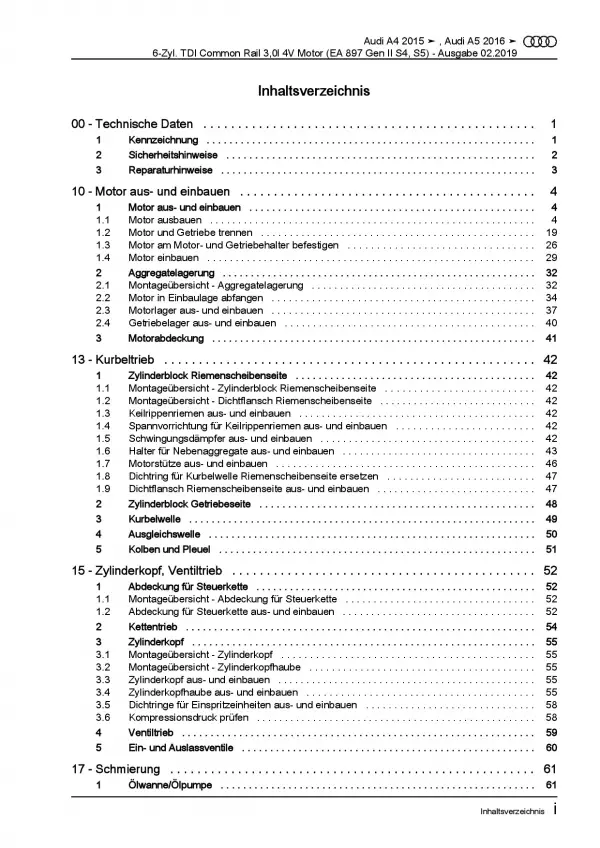 Audi A4 Typ 8W ab 2015 6-Zyl. Dieselmotor 4V 3,0l TDI Reparaturanleitung PDF