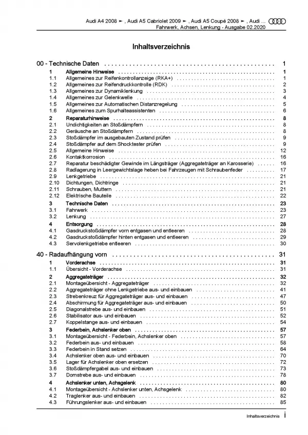 Audi A5 Typ 8F 2009-2016 Fahrwerk Achsen Lenkung Reparaturanleitung PDF