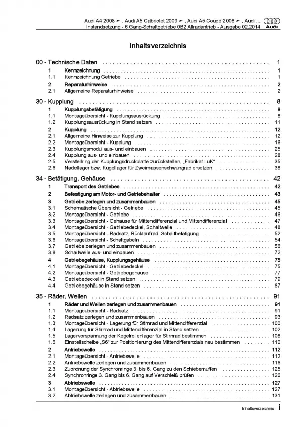 Audi A5 8F 2009-2016 Instandsetzung 0B2 Schaltgetriebe Reparaturanleitung PDF