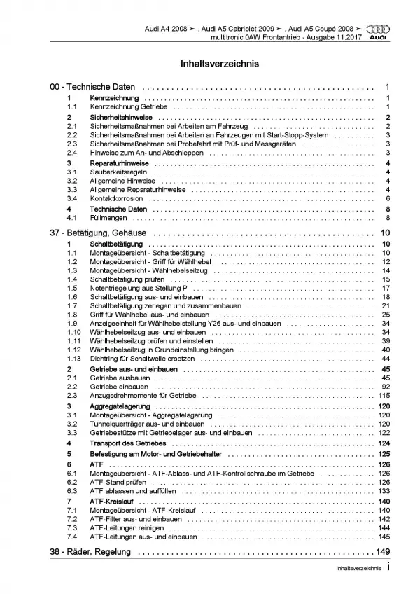 Audi A5 8F (09-16) Multitronic Getriebe 0AW Frontantrieb Reparaturanleitung PDF