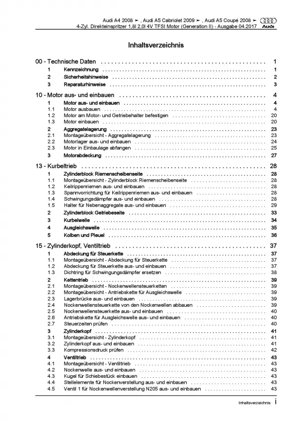 Audi A5 Typ 8F 2009-2016 4-Zyl. Benzinmotor 120-220 PS Reparaturanleitung PDF