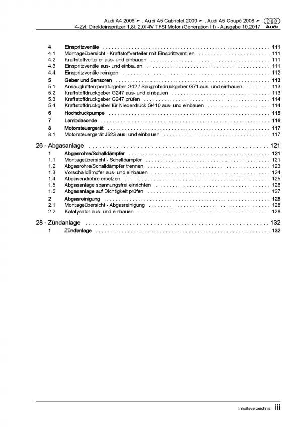 Audi A5 Typ 8F 2009-2016 4-Zyl. Benzinmotor 144-225 PS Reparaturanleitung PDF