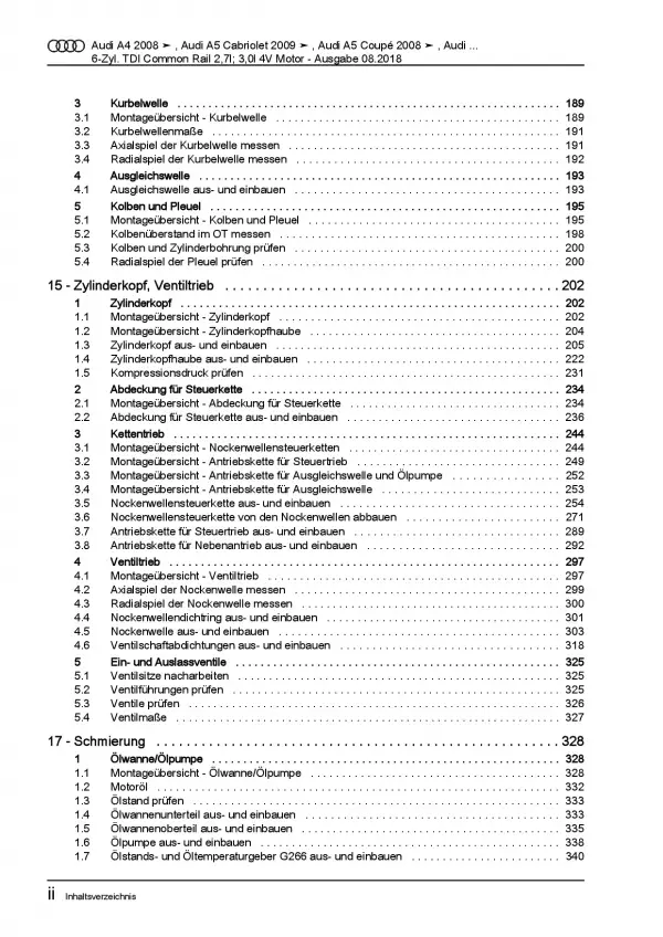 Audi A5 8F 2009-2016 2,7l 3,0l Dieselmotor TDI 163-240 PS Reparaturanleitung PDF