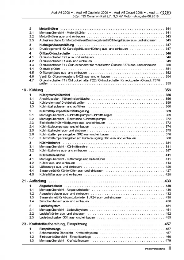 Audi A5 8F 2009-2016 2,7l 3,0l Dieselmotor TDI 163-240 PS Reparaturanleitung PDF