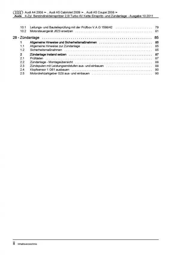 Audi A5 8F 2009-2016 Benzin Einspritz- Zündanlage 2,0l Reparaturanleitung PDF