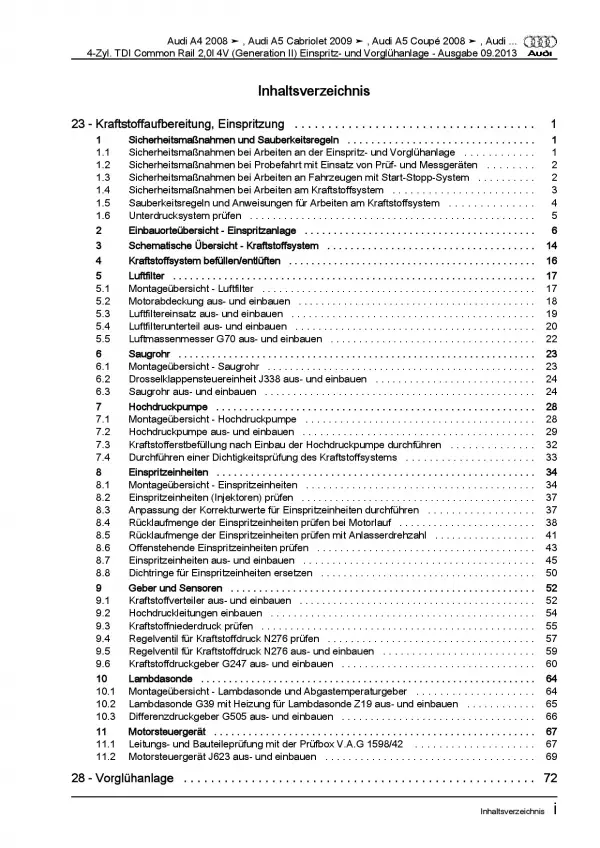 Audi A5 8F (09-16) Diesel 2,0l Einspritz- Vorglühanlage Reparaturanleitung PDF