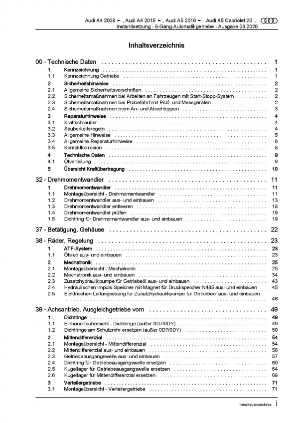 Audi A5 Typ 8F 2009-2016 Instandsetzung Automatikgetriebe Reparaturanleitung PDF