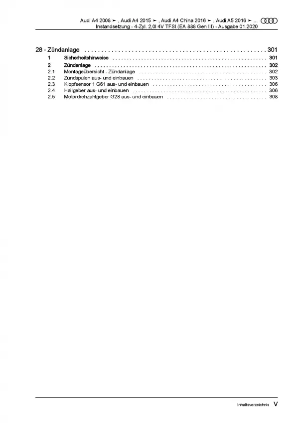 Audi A5 8F (09-16) Instandsetzung Benzinmotor 144-225 PS Reparaturanleitung PDF