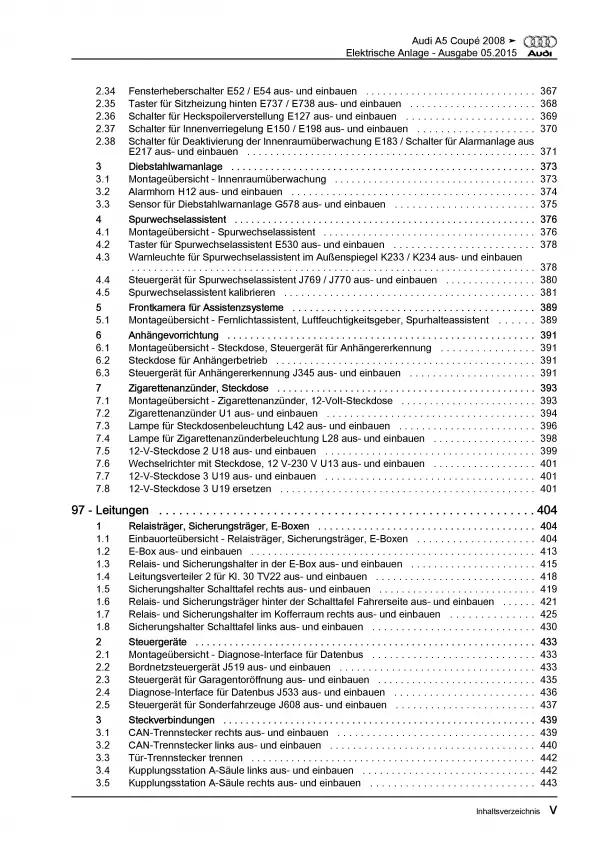 Audi A5 Typ 8T 2007-2016 Elektrische Anlage Elektrik Systeme Reparaturanleitung