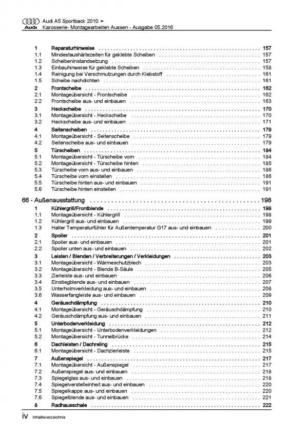 Audi A5 Typ 8T 2009-2016 Karosserie Montagearbeiten Außen Reparaturanleitung