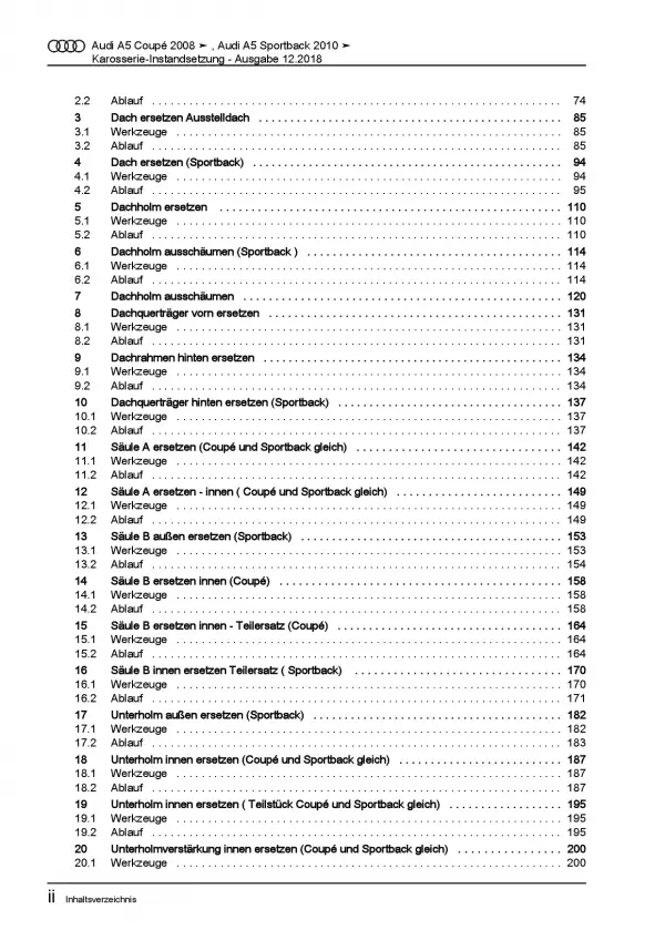 Audi A5 Typ 8T 2007-2016 Karosserie Unfall Instandsetzung Reparaturanleitung PDF