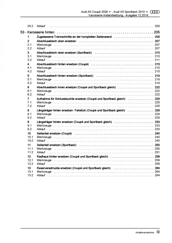 Audi A5 Typ 8T 2007-2016 Karosserie Unfall Instandsetzung Reparaturanleitung PDF