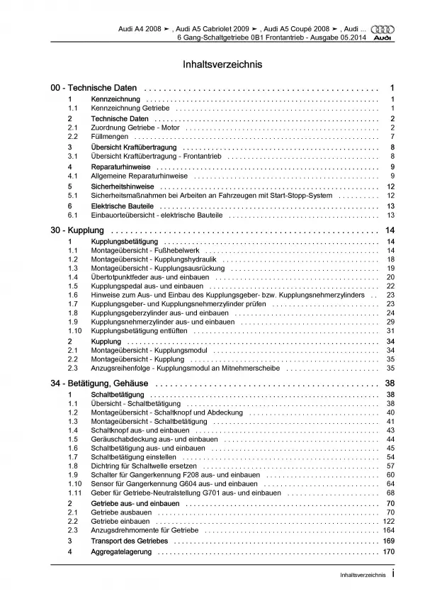 Audi A5 8T 2007-2016 6 Gang Schaltgetriebe 0B1 Kupplung Reparaturanleitung PDF