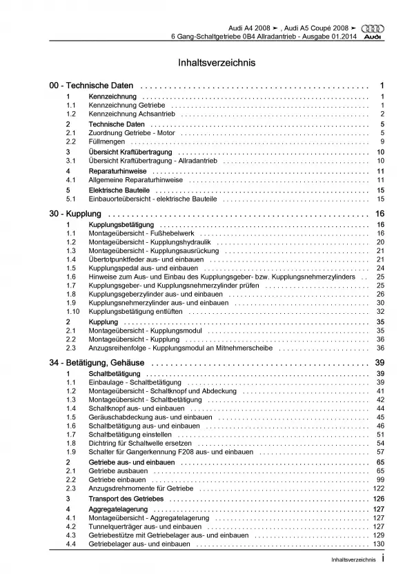 Audi A5 8T 2007-2016 6 Gang Schaltgetriebe Kupplung 0B4 Reparaturanleitung PDF