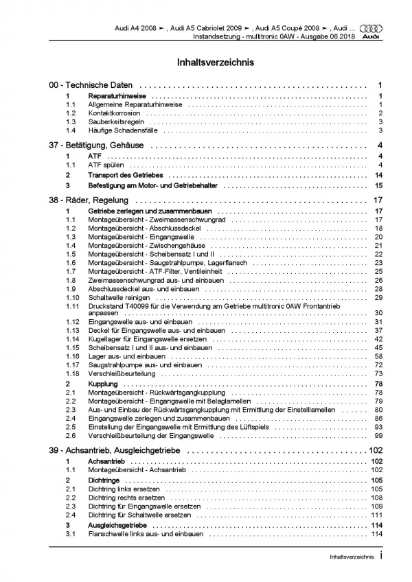 Audi A5 Typ 8T 2007-2016 Instandsetzung Multitronic 0AW Reparaturanleitung PDF