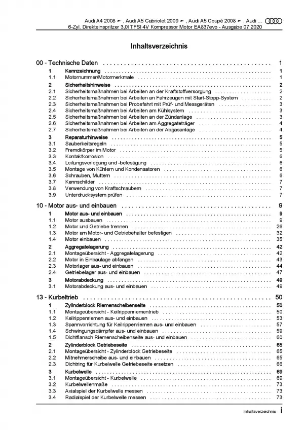 Audi A5 8T 2007-2016 6-Zyl. Benzinmotor 3,0l 272-333 PS Reparaturanleitung PDF