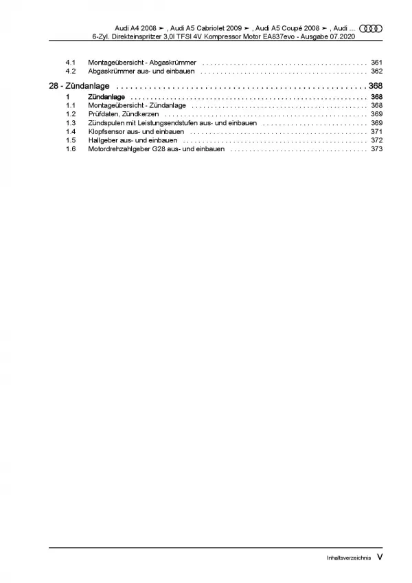 Audi A5 8T 2007-2016 6-Zyl. Benzinmotor 3,0l 272-333 PS Reparaturanleitung PDF