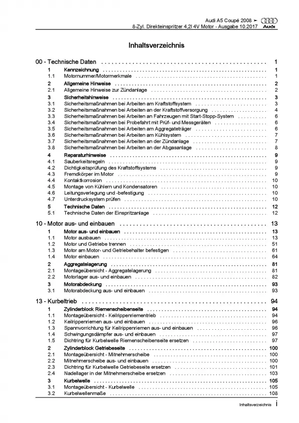 Audi A5 Typ 8T 2007-2016 8-Zyl. 4,2l Benzinmotor 354 PS Reparaturanleitung PDF