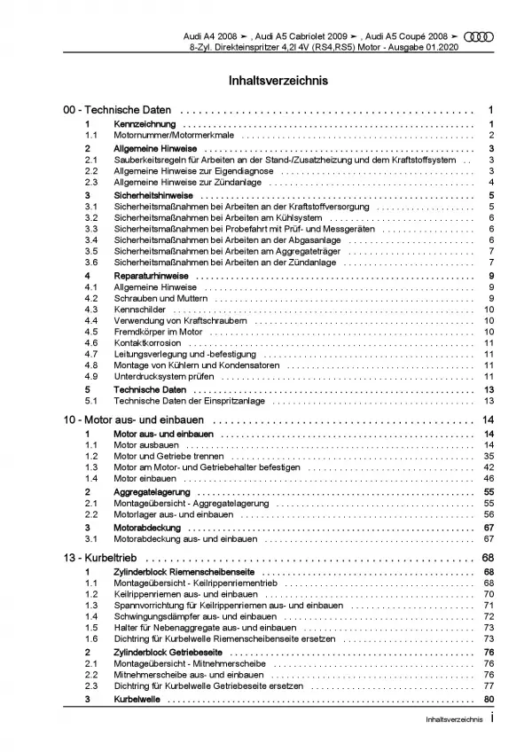 Audi A5 Typ 8T 2007-2016 8-Zyl. 4,2l Benzinmotor 450 PS Reparaturanleitung PDF