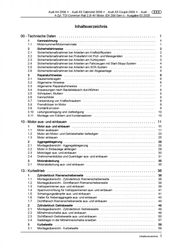 Audi A5 8T (07-16) 4-Zyl. 2,0l Dieselmotor TDI 136-190 PS Reparaturanleitung PDF