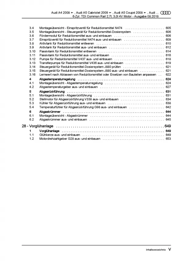 Audi A5 8T (07-16) 2,7l 3,0l Dieselmotor TDI 163-240 PS Reparaturanleitung PDF