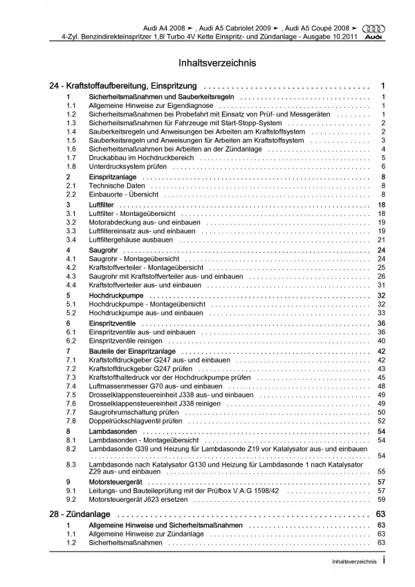 Audi A5 8T 2007-2016 Benzin Einspritz- Zündanlage 1,8l Reparaturanleitung PDF