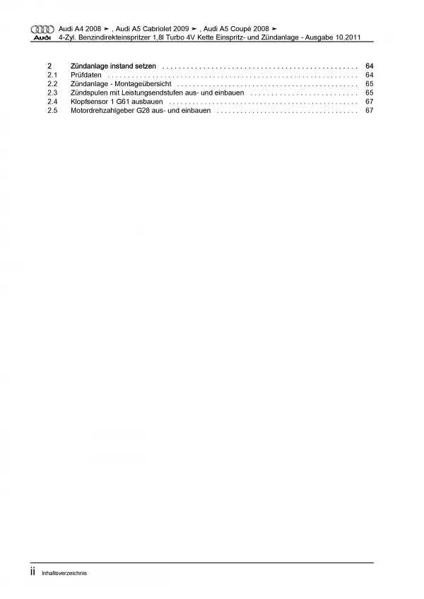 Audi A5 8T 2007-2016 Benzin Einspritz- Zündanlage 1,8l Reparaturanleitung PDF