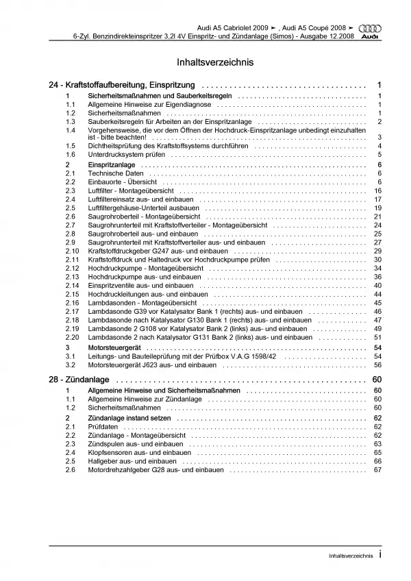 Audi A5 Typ 8T (07-16) Simos Einspritz- Zündanlage 265 PS Reparaturanleitung PDF