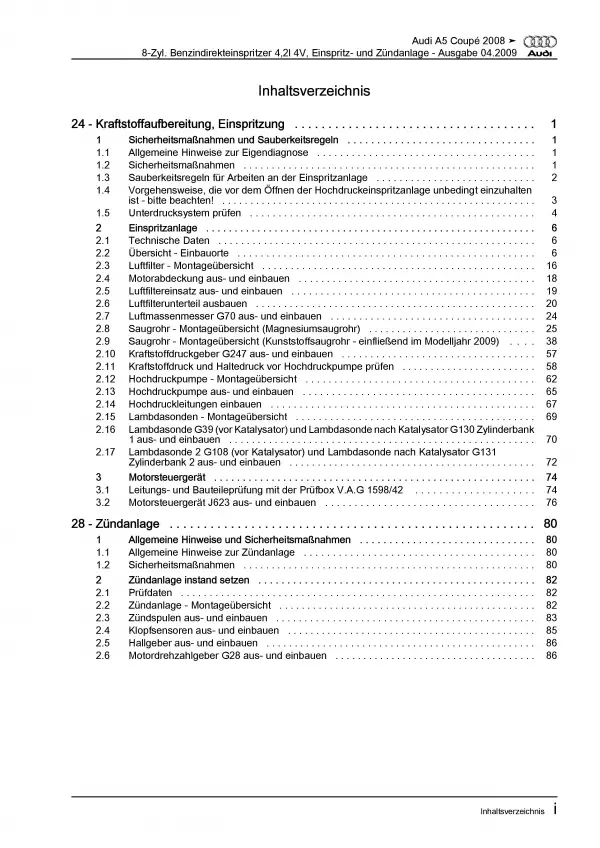 Audi A5 8T 2007-2016 Benzin 354 PS Einspritz- Zündanlage Reparaturanleitung PDF