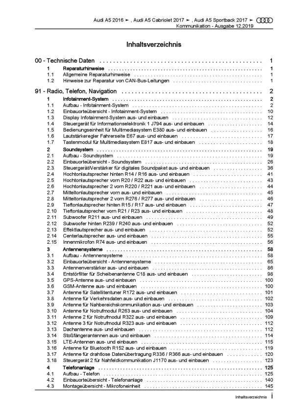 Audi A5 Typ F5 ab 2016 Radio Navigation Kommunikation Reparaturanleitung