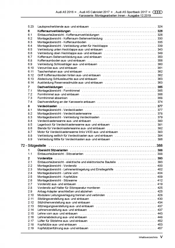 Audi A5 Typ F5 ab 2016 Karosserie Montagearbeiten Innen Reparaturanleitung PDF