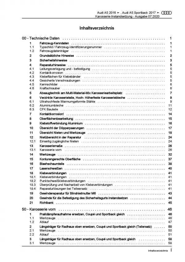 Audi A5 Typ F5 ab 2016 Karosserie Unfall Instandsetzung Reparaturanleitung PDF