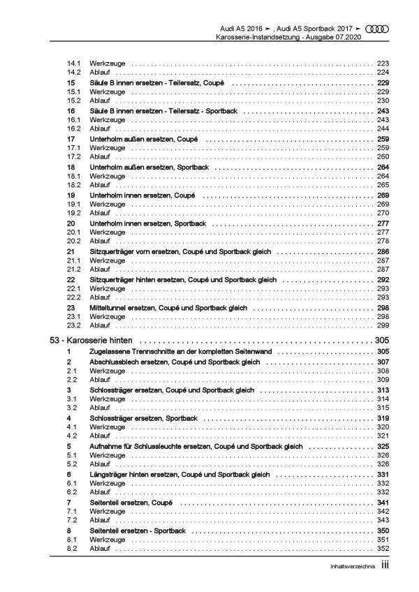 Audi A5 Typ F5 ab 2016 Karosserie Unfall Instandsetzung Reparaturanleitung PDF