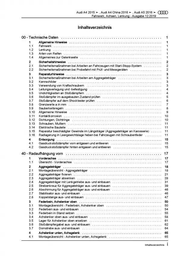 Audi A5 Typ F5 ab 2016 Fahrwerk Achsen Lenkung Reparaturanleitung PDF