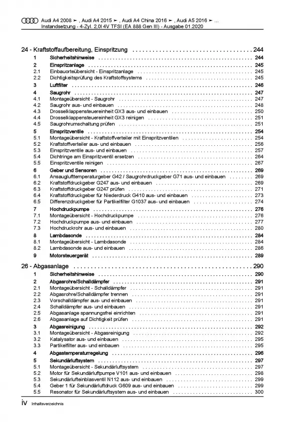 Audi A5 F5 ab 2016 Instandsetzung 4-Zyl. 2,0l Benzinmotor Reparaturanleitung PDF