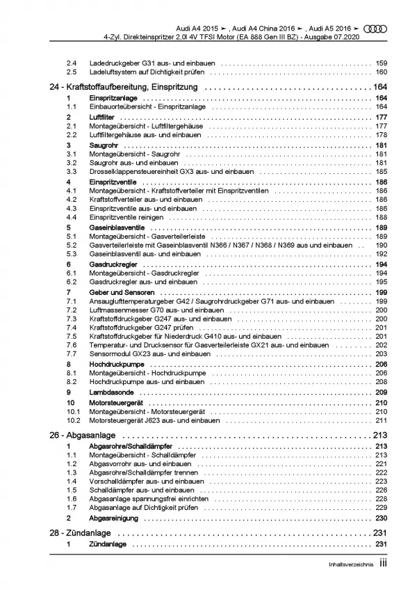 Audi A5 Typ F5 ab 2016 4-Zyl. 2,0l Benzinmotor 4V 190 PS Reparaturanleitung PDF