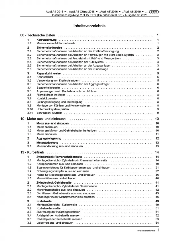 Audi A5 F5 ab 2016 Instandsetzung 2,0l 190 PS Benzinmotor Reparaturanleitung PDF